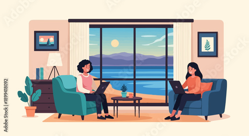 Two women work on laptops in a living room with a scenic ocean view