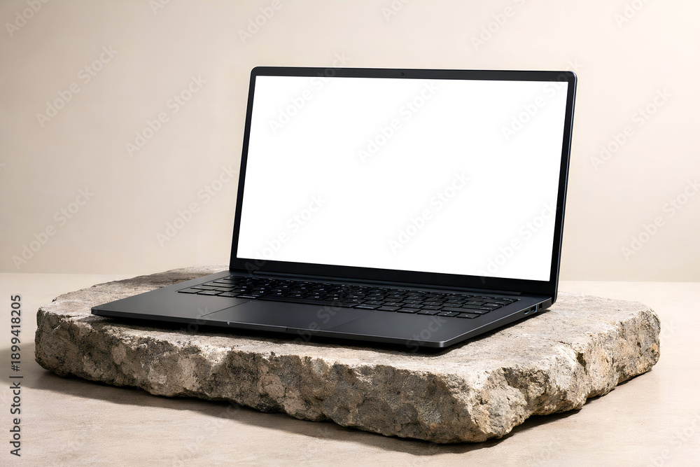 Fototapeta premium Open laptop with blank white screen placed on rough stone slab for modern mockup