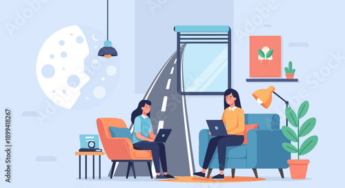 Two women work on laptops in a room with a surreal landscape backdrop