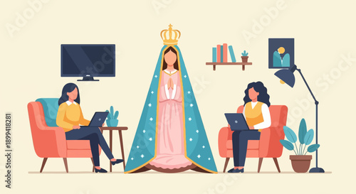 Two women work on laptops in a room with a religious figure and home decor