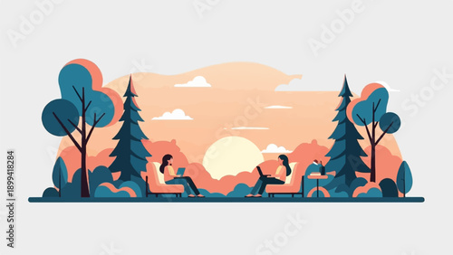 Two women work on laptops in a serene outdoor setting at sunset