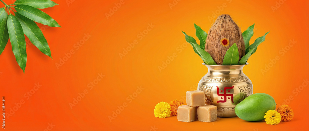© Neo GT - Happy Ugadi Greeting Card Banner Background With Decorated Kalash and mangoes traditional new year festival