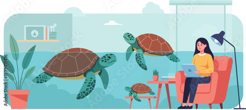 Woman on armchair, laptop, lamp, three sea turtles swimming in aquarium