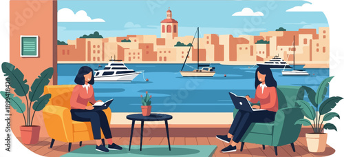 Two women work on laptops in chairs facing a harbor city view