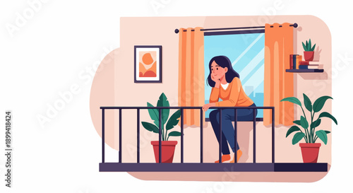 Woman on balcony looking out window at city