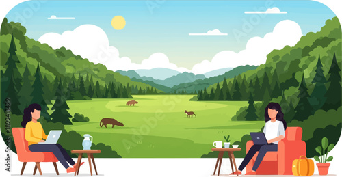 Two women work on laptops in comfortable chairs amid a serene mountain landscape