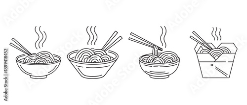 Minimalist Steaming Asian Noodles Bowls and Takeout Box with Chopsticks Outline Illustration Set.