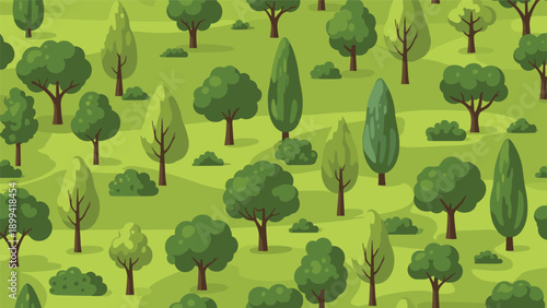 Seamless cartoon pattern of a lush green forest or park with various types of trees and bushes on a rolling landscape background.