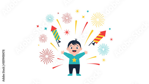 Happy cartoon boy celebrating with colorful fireworks and firecrackers exploding around him against a clean white background.