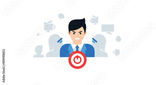 vector illustration of businessman with target on chest, surrounded by grey silhouettes and icons, for marketing or advertising concept, Isolated on transparent background, png