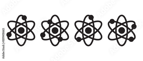Atomic Structure Icons Row Displaying Scientific Elements and Education Concepts on Clean White Background.