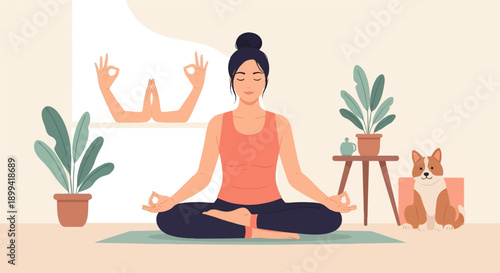Woman meditating indoors with plants and a dog nearby
