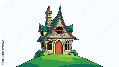 Charming fairytale cottage with a stone chimney and green shingled roof, nestled on a grassy hill against a white background.
