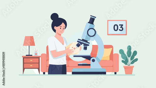 Woman looking through a microscope at a sample in a room