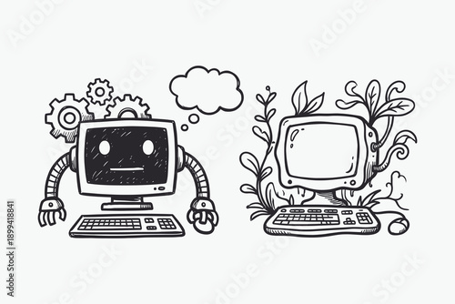 Doodle Illustration Contrasting Robotic AI Computer Versus Natural Green Ecology PC Concept