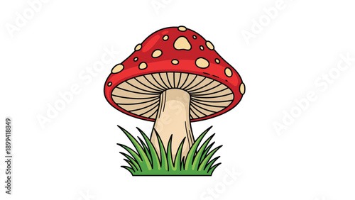Classic cartoon illustration of a red toadstool mushroom with white spots, growing in a patch of green grass on white.