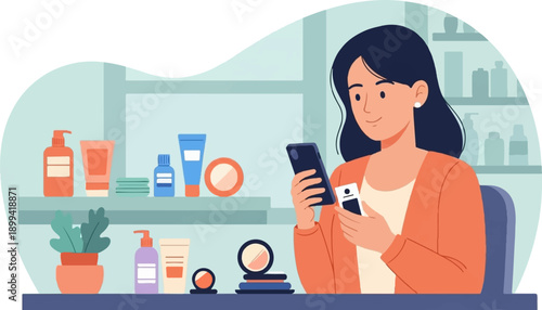 Woman looking at phone surrounded by skincare products