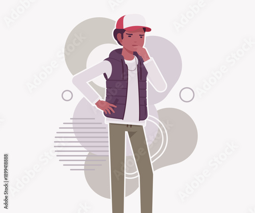Young dark skin guy wearing cap, vest standing think pose. Boy outdoor camping holiday, male hiking, shipping service delivery courier. Vector flat style cartoon illustration, creative background