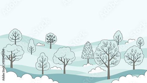 Minimalist winter or early spring landscape with stylized outline trees on rolling hills under a pale blue sky with clouds.