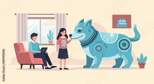 Woman interacts with robotic dog while man works on laptop at home