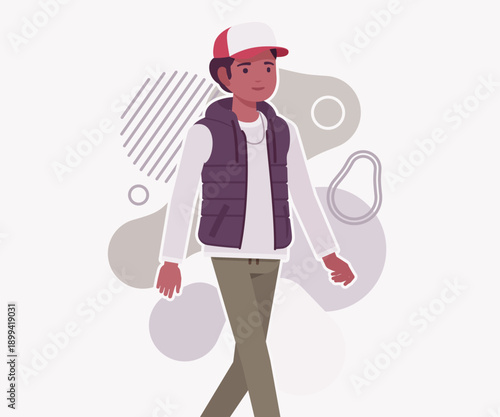 Young dark skin guy wearing cool cap, vest walking. Boy outdoor camping holiday fun, male hiking, shipping service delivery courier. Vector flat style cartoon illustration, creative background