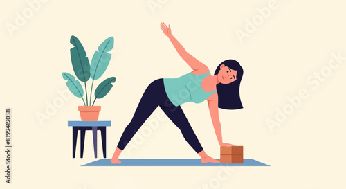 Woman in yoga pose with plant and yoga block