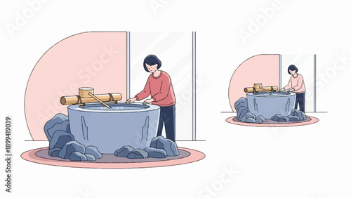 Woman interacting with a traditional stone water basin with bamboo spout