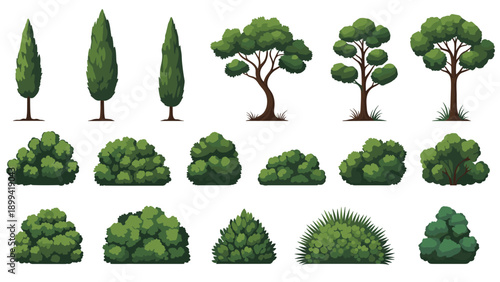 Set of various cartoon green trees and bushes, including cypress and deciduous types, isolated on a white background for landscape design.
