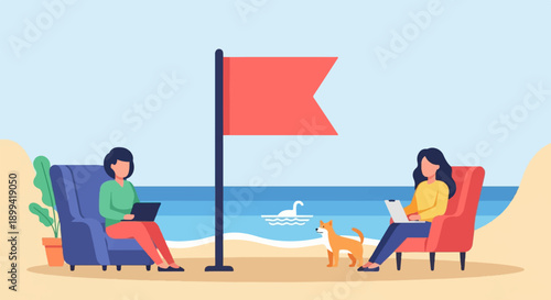 Two women work on laptops on a beach with a dog and a flag