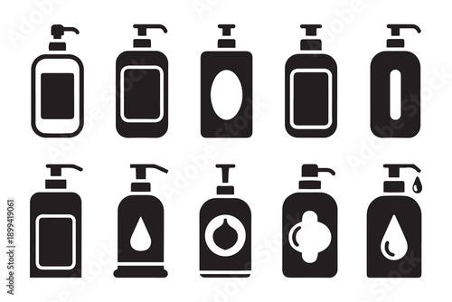 Minimalist Black Icons Set of Pump Dispenser Bottles for Liquid Soap, Shampoo, and Hand Sanitizer Products.