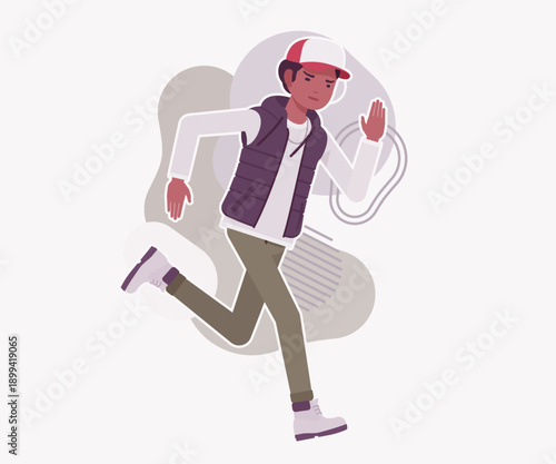 Young dark skin guy wearing cool cap, vest running fast. Boy outdoor camping holiday, male hiking, shipping service delivery courier. Vector flat style cartoon illustration, creative background