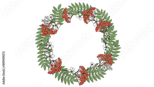 Beautiful hand-drawn wreath made of rowan branches with red berries, green leaves, and small white flowers on a white background.