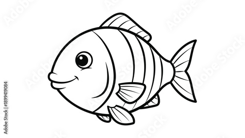 Simple black and white outline of a cute cartoon fish with stripes, perfect for a children's coloring book or activity page.