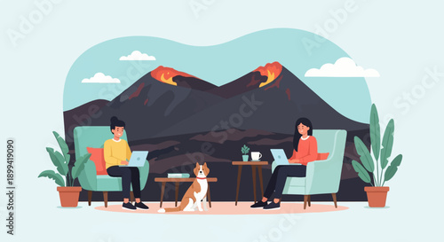 Two women work on laptops near a volcano with their dog