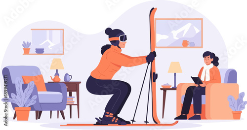 Woman in ski gear practicing squats indoors near a woman reading