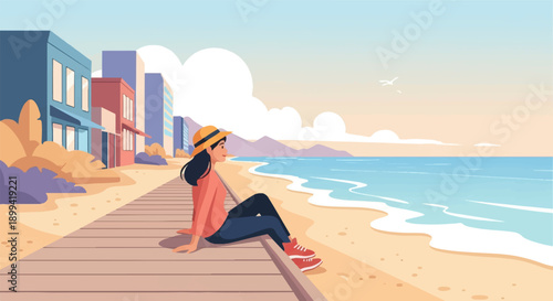 Woman in straw hat on boardwalk gazes at tranquil ocean and distant mountains