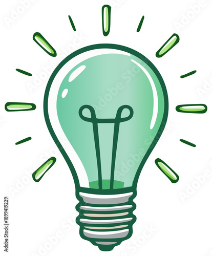 Green glowing light bulb emits light, indicating a new idea or an inspiration
