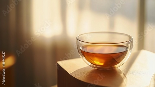 consomme. Crystal clear glass bowl filled with golden consomme soup, natural window lighting. menu design, packaging mockups, designed for food delivery and cloud-kitchen brand materials.