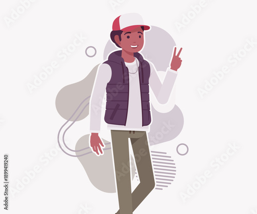 Young dark skin guy wearing cool cap, vest victory gesture. Boy outdoor camping holiday, male hiking, shipping service delivery courier. Vector flat style cartoon illustration, creative background