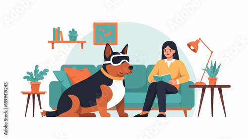 Woman reads book near dog wearing goggles on sofa