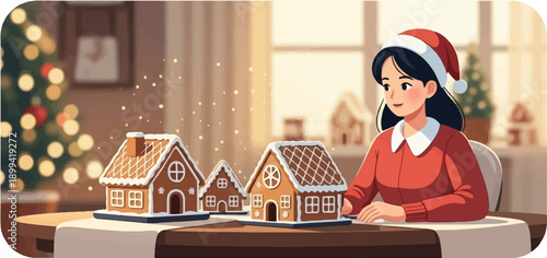 Woman in Santa hat decorating gingerbread houses by a Christmas tree