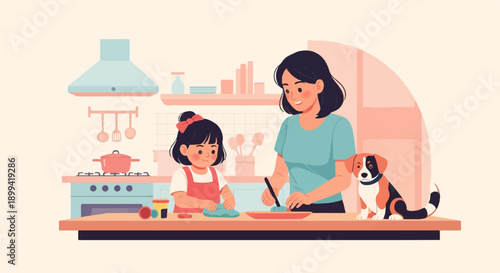 Woman and child in kitchen with dog, making something with colorful clay