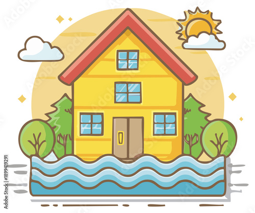 Yellow cartoon house partially submerged in water illustrating flood risk and natural disaster