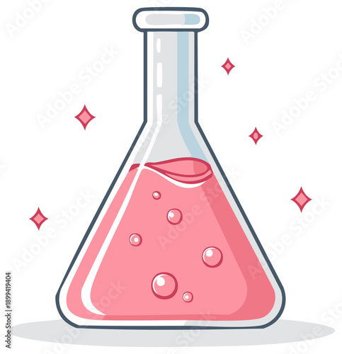 Cartoon laboratory flask with pink liquid and bubbles, science concept.