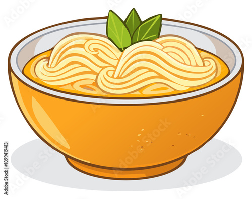 Cartoon bowl of noodles soup garnish with green leaf, vector illustration