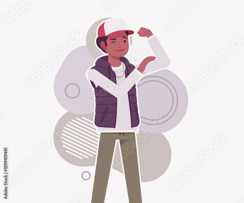 Young dark skin guy wearing cool cap, vest showing strong. Boy outdoor camping holiday, male hiking, shipping service delivery courier. Vector flat style cartoon illustration, creative background