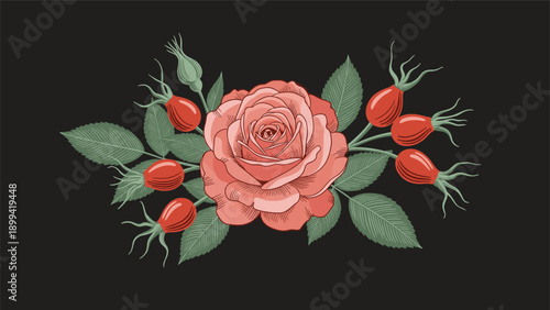 Vintage-style embroidered illustration of a pink rose surrounded by green leaves and red rose hips on a solid black background.