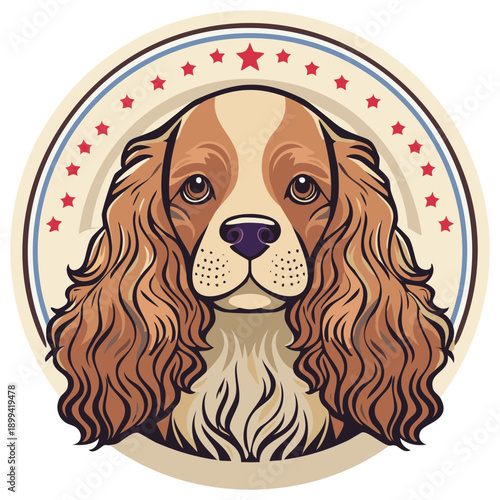 Cartoon illustration of a dog inside a circle surrounded by stars.