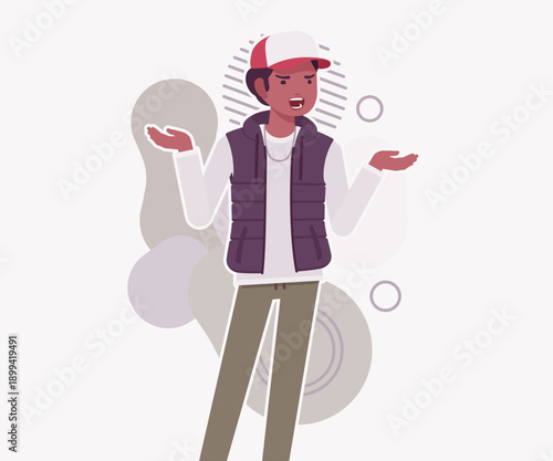 Young dark skin guy wearing cool cap, vest happy speaker. Boy outdoor camping holiday, male hiking, shipping service delivery courier. Vector flat style cartoon illustration, creative background