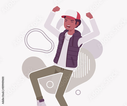 Young dark skin guy wearing cool cap, vest, active emotion. Boy outdoor camping holiday, male hiking, shipping service delivery courier. Vector flat style cartoon illustration, creative background